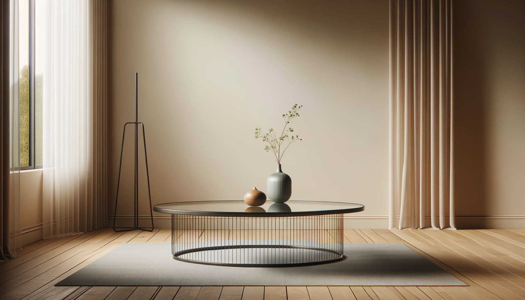 Minimalist living room corner with a glass coffee table, two decorative vases, large window with sheer curtains, beige walls, and wooden flooring.