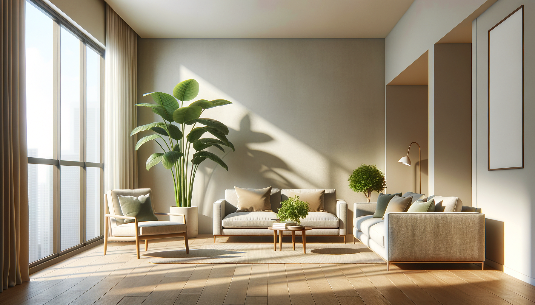 Modern living room with large windows, beige sofa, armchair, small coffee table, and potted plants.