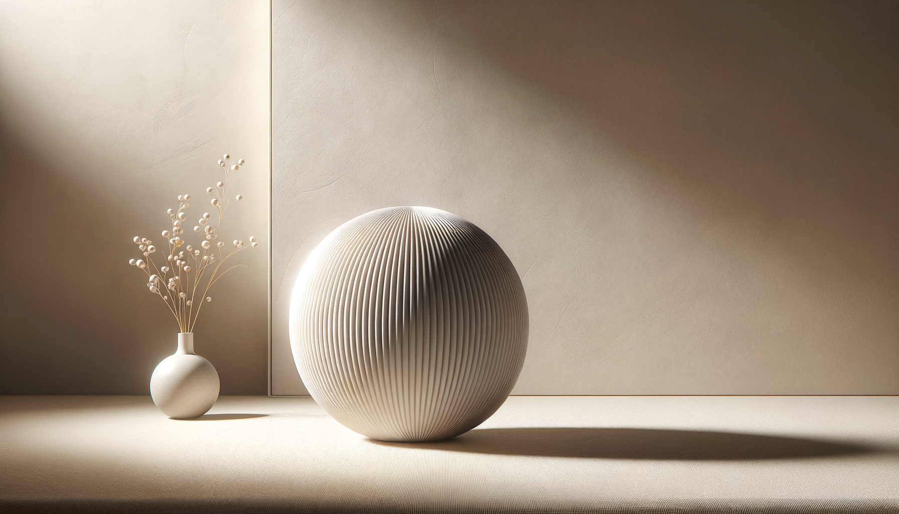 A minimalist beige interior with a textured wall, a small vase with dried white flowers on the left, and a large spherical decorative object with vertical ridges on the right, casting a shadow on the wall.