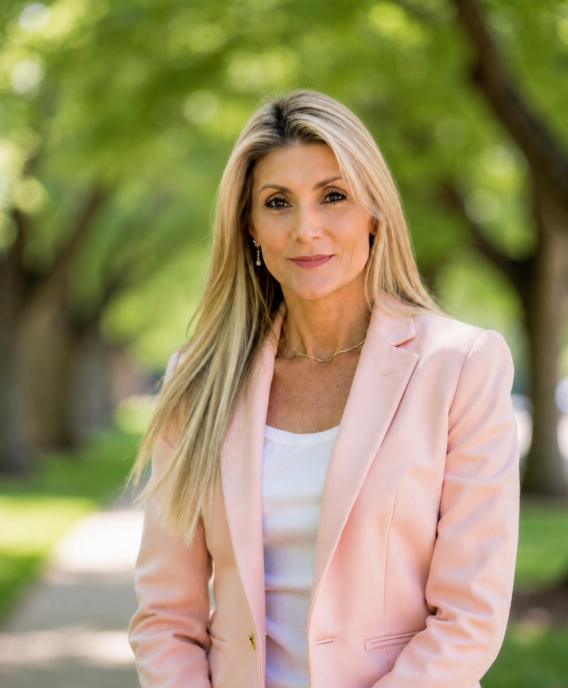 Valerie Moe, Scottsdale, Cave Creek & Anthem AZ real estate agent, smiling outdoors in a pink blazer