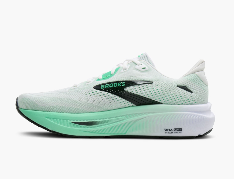 White and mint green running shoe with black and teal accents, labeled Brooks, and features for enhanced cushioning.
