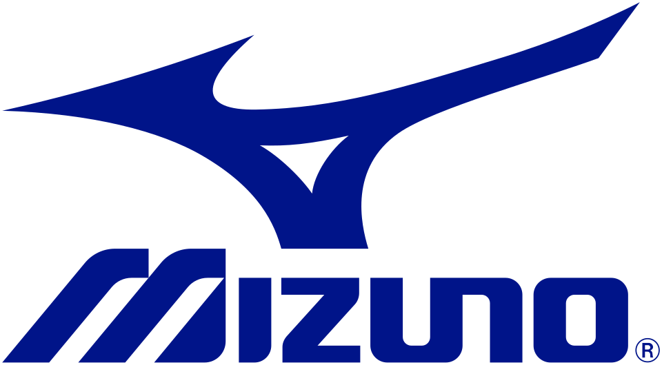 Mizuno logo featuring a stylized blue bird and the brand name in blue uppercase letters.