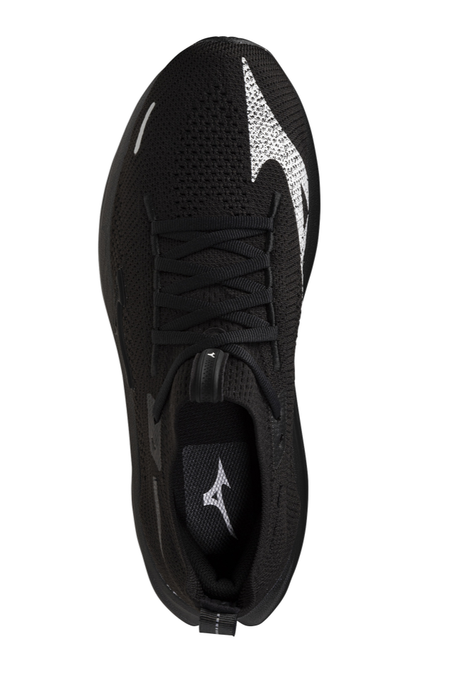 Top view of a black athletic shoe with a white logo on the toe and inside the shoe, black laces, and a mesh upper.