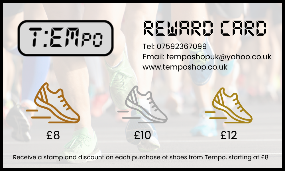 A reward card for Tempo shoe shop offers discounts on shoes with images of sneakers priced at 8, 10, and 12 pounds.