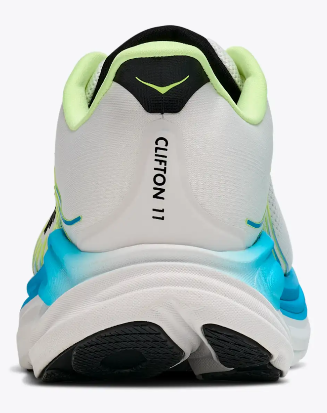 Rear view of a white athletic shoe with neon green, blue, and black accents, displaying the brand name Clifoton 11.