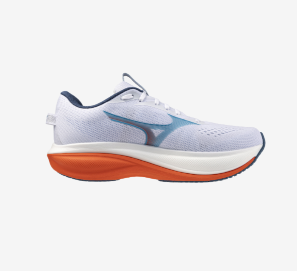 White running shoe with orange and blue accents on a plain white background.
