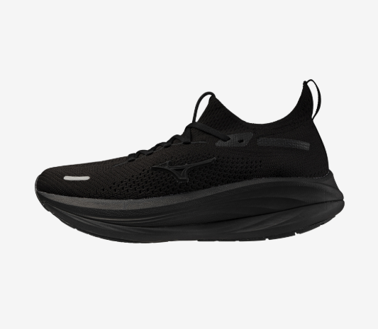 Black running shoe with a cushioned sole and mesh upper.