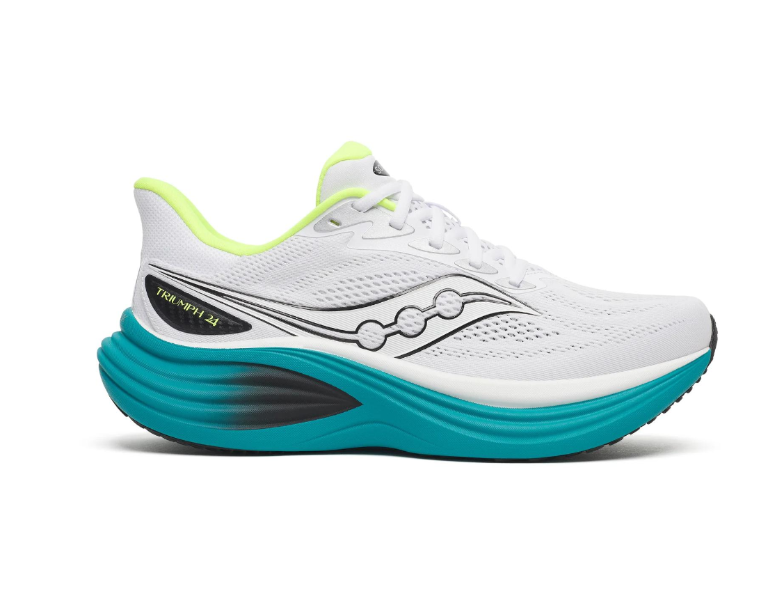 White running shoe with green accents, black and blue sole, and the text "Triumph 24" on the side.