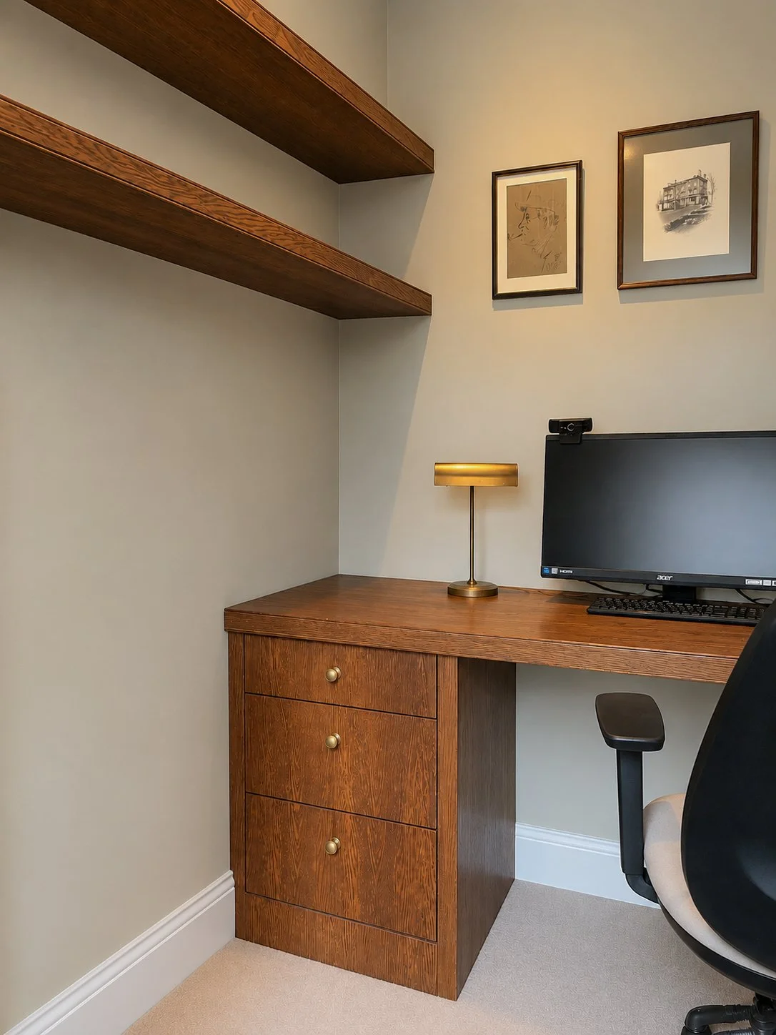 A handmade desk and shelves in a home office style setting, with a lamp, desktop and photos on the wall.