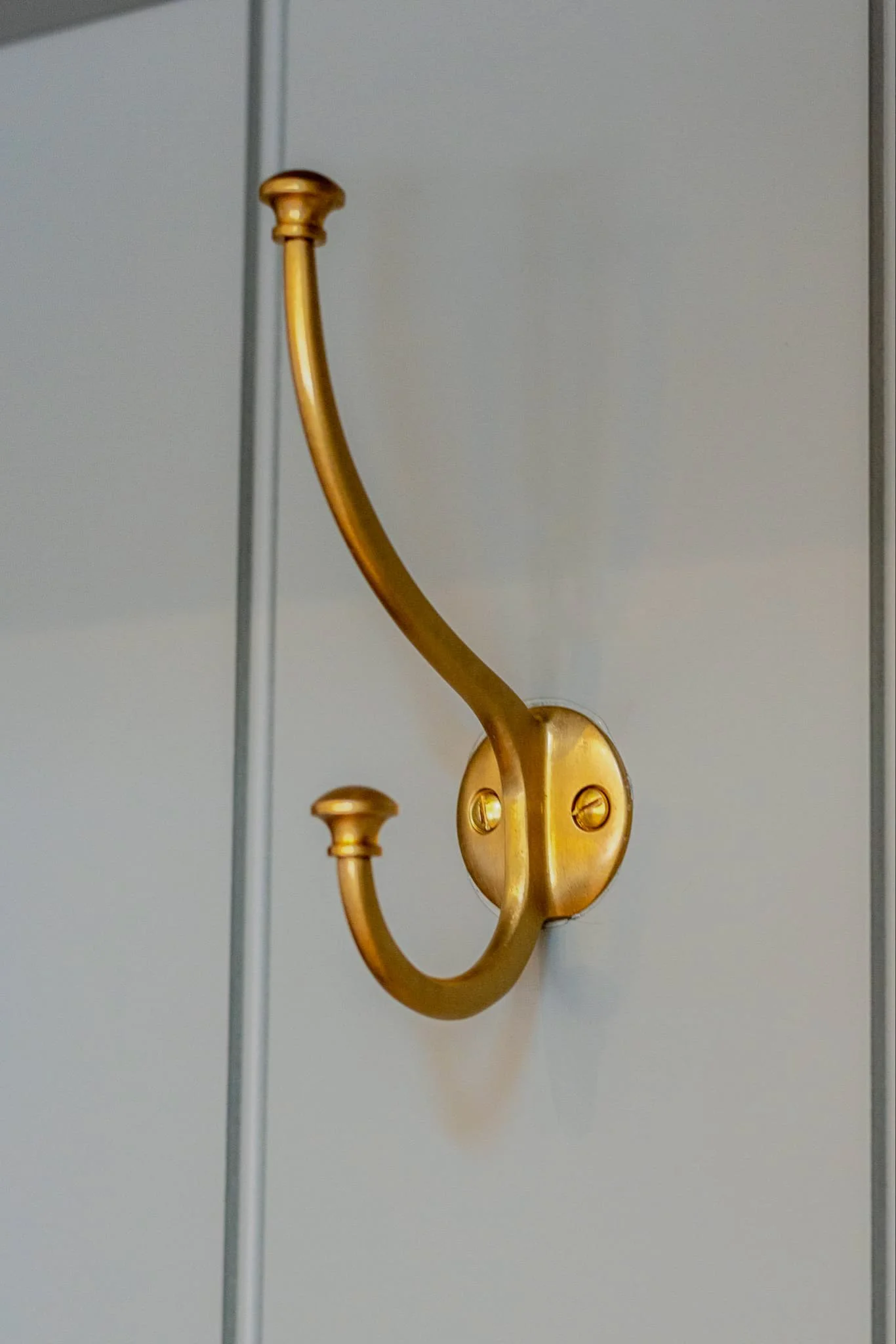 Close up of a green sage handmade paneling with a brass hook.
