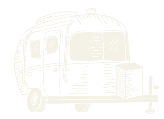 A white line drawing of a vintage camper trailer on a black background.