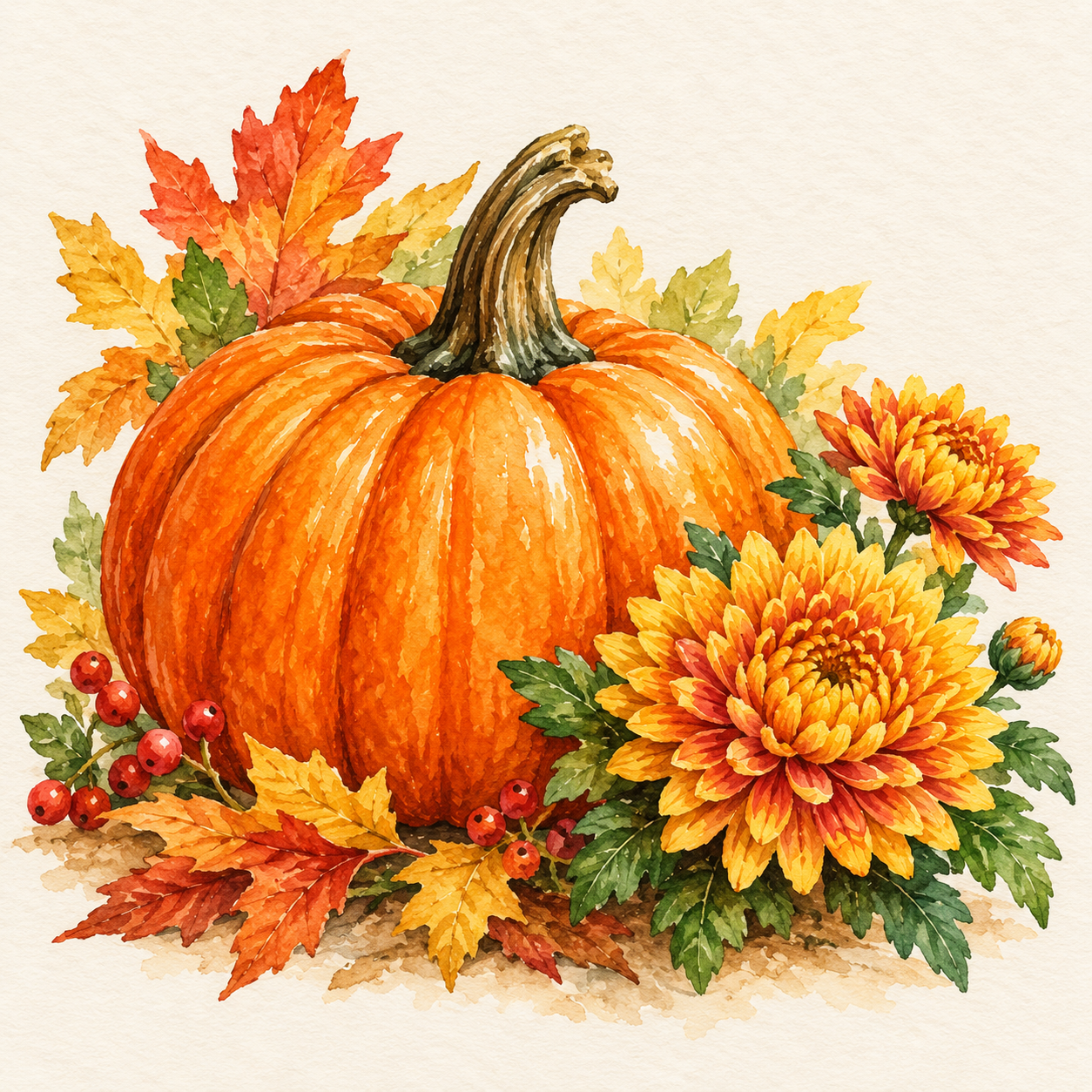 Watercolor pumpkin surrounded by autumn leaves and flowers.