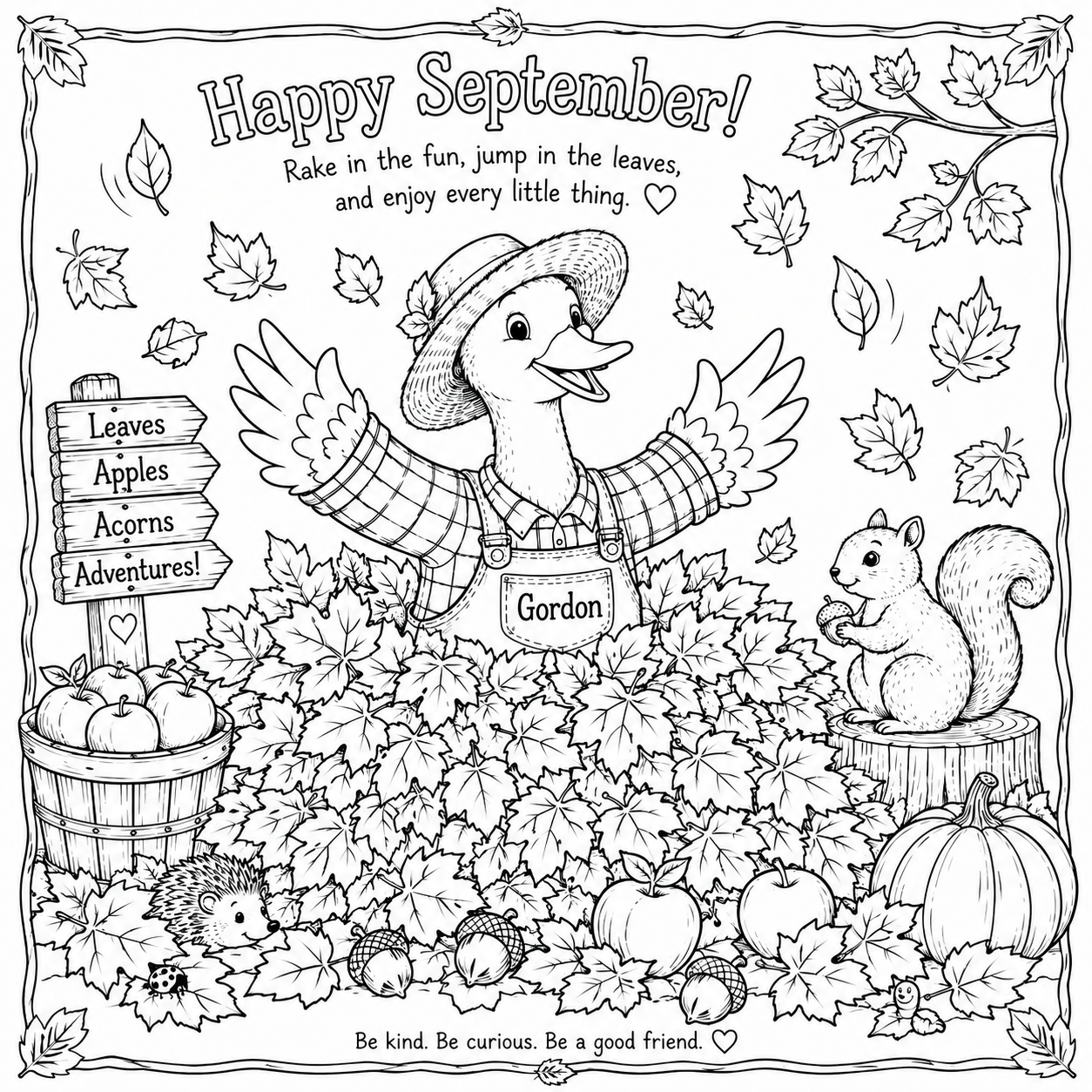 September Gordon coloring page with autumn leaves, pumpkins and a squirrel.
