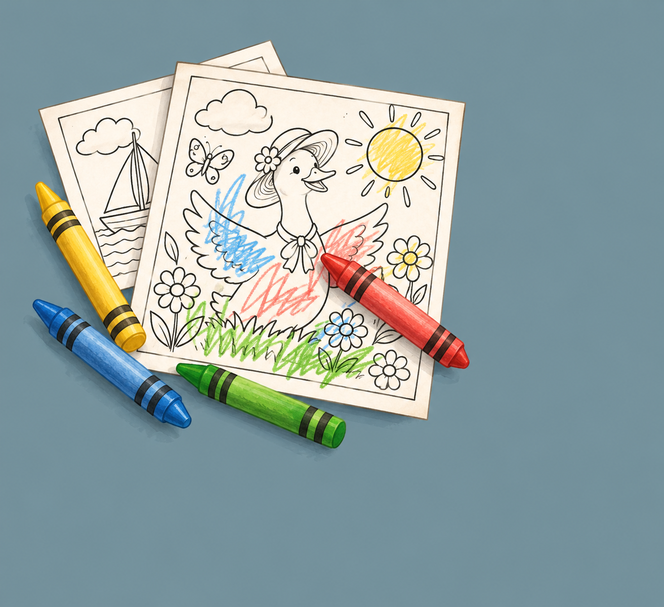 “Coloring pages with crayons and playful childlike coloring.”