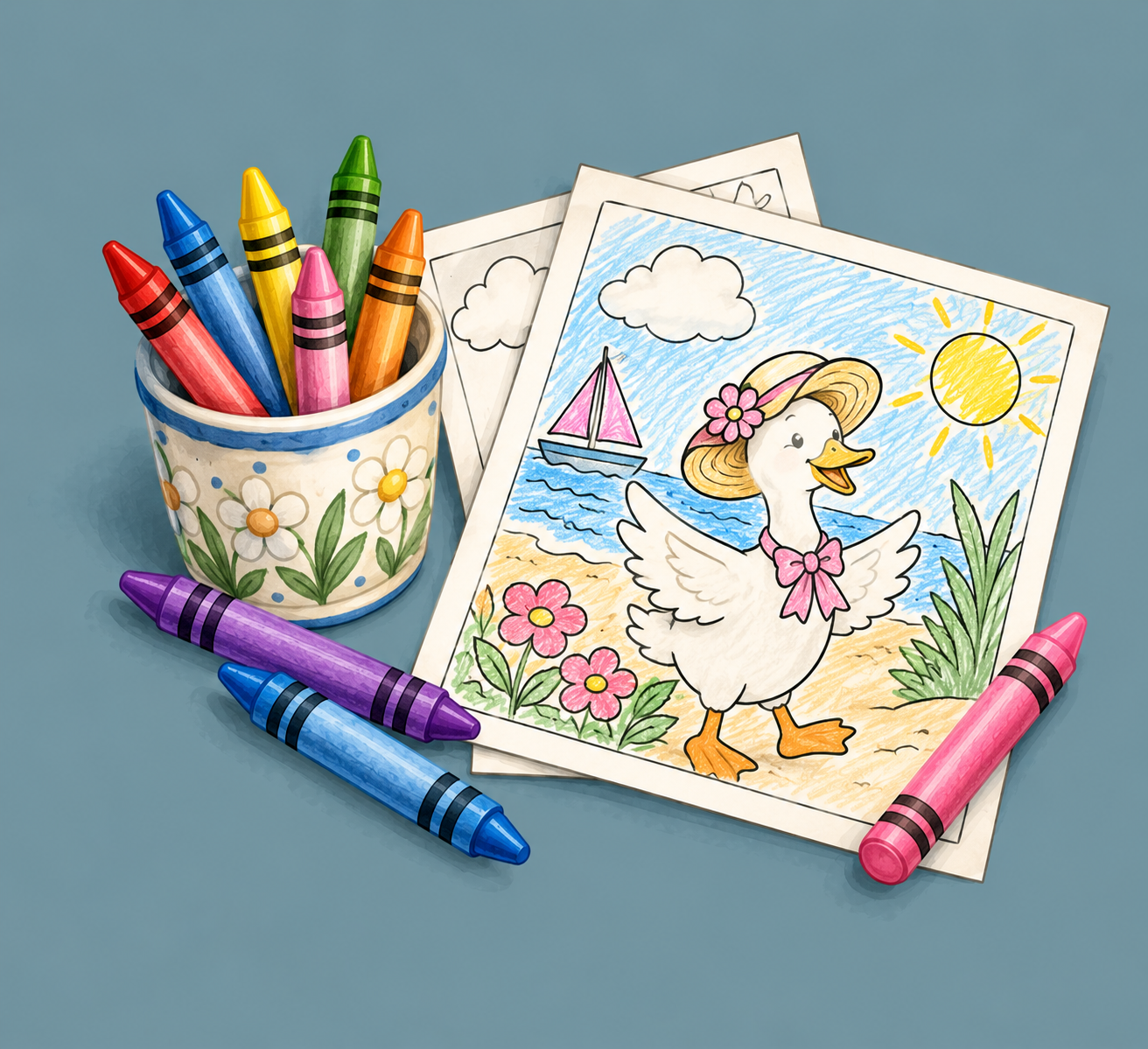 “Partially colored page with a cup of colorful crayons.”