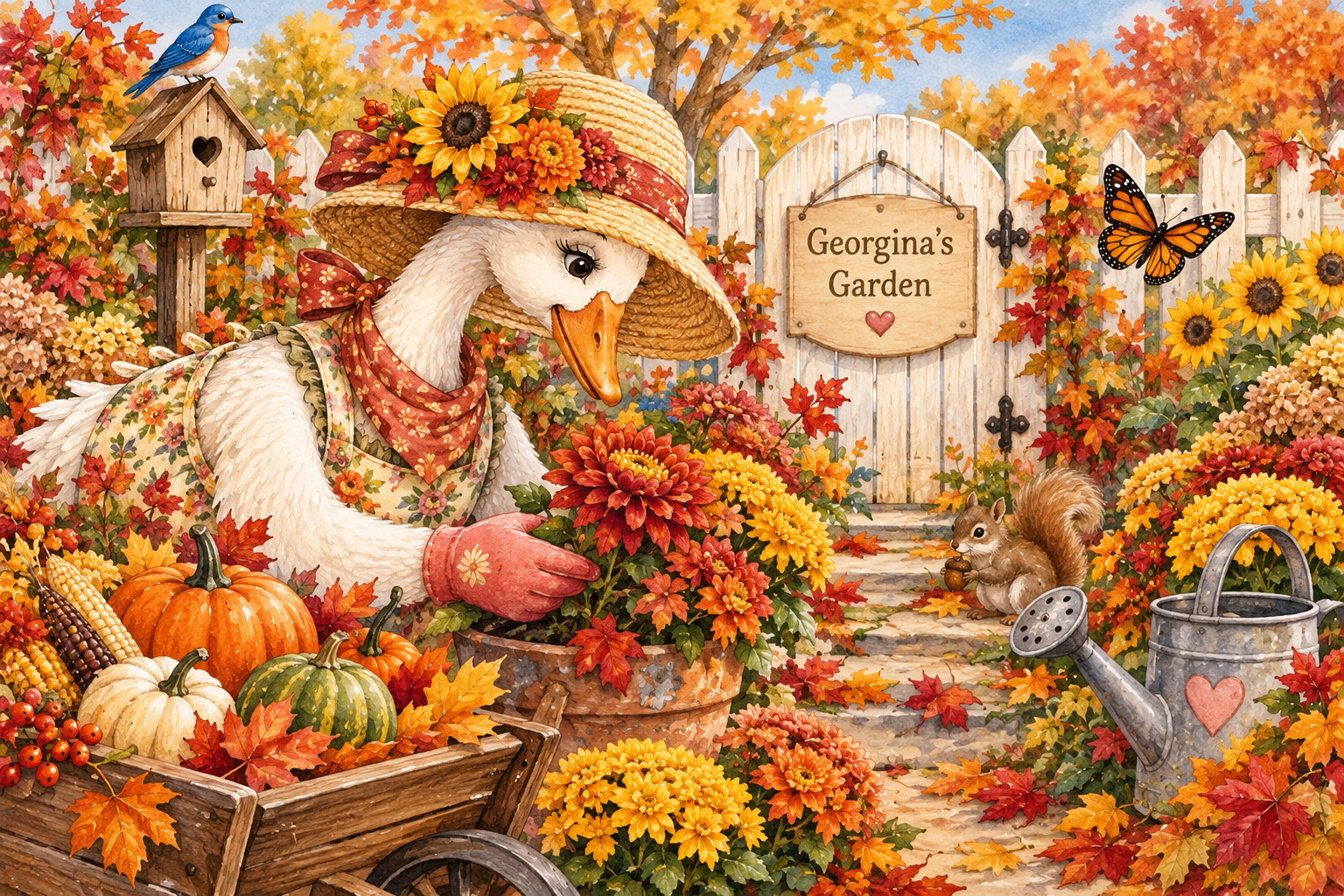 Georgina Goose tending her colorful autumn garden with pumpkins, fall flowers, leaves and hidden objects.