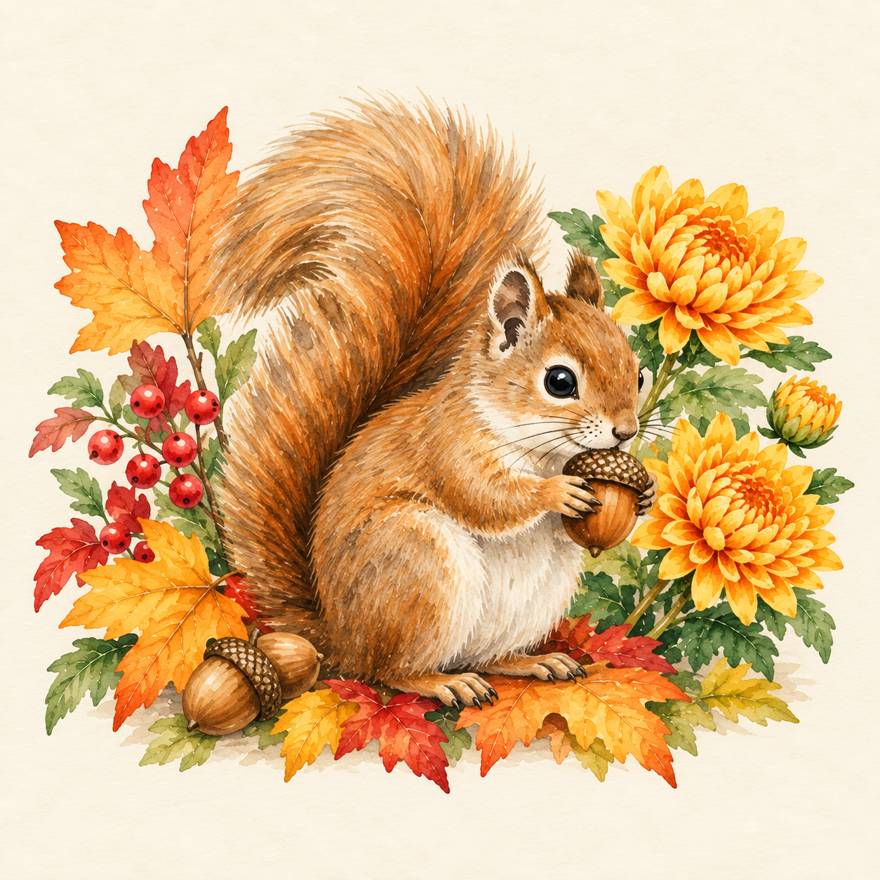 Watercolor squirrel holding an acorn among autumn leaves and flowers