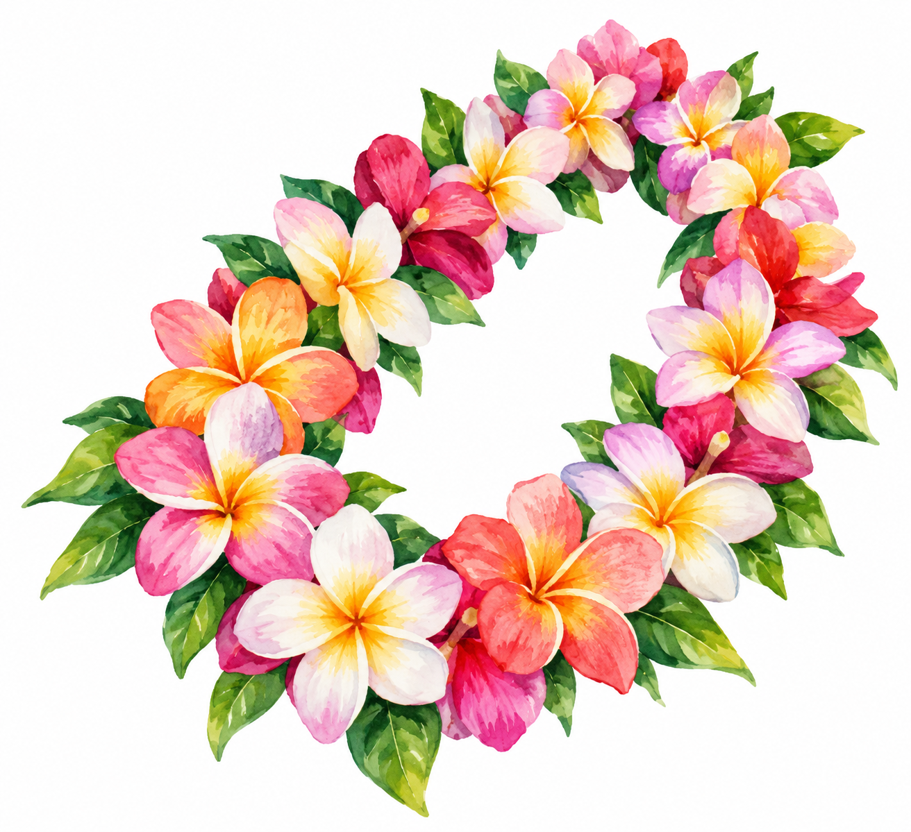 Colorful tropical flower necklace with pink, yellow and white flowers.