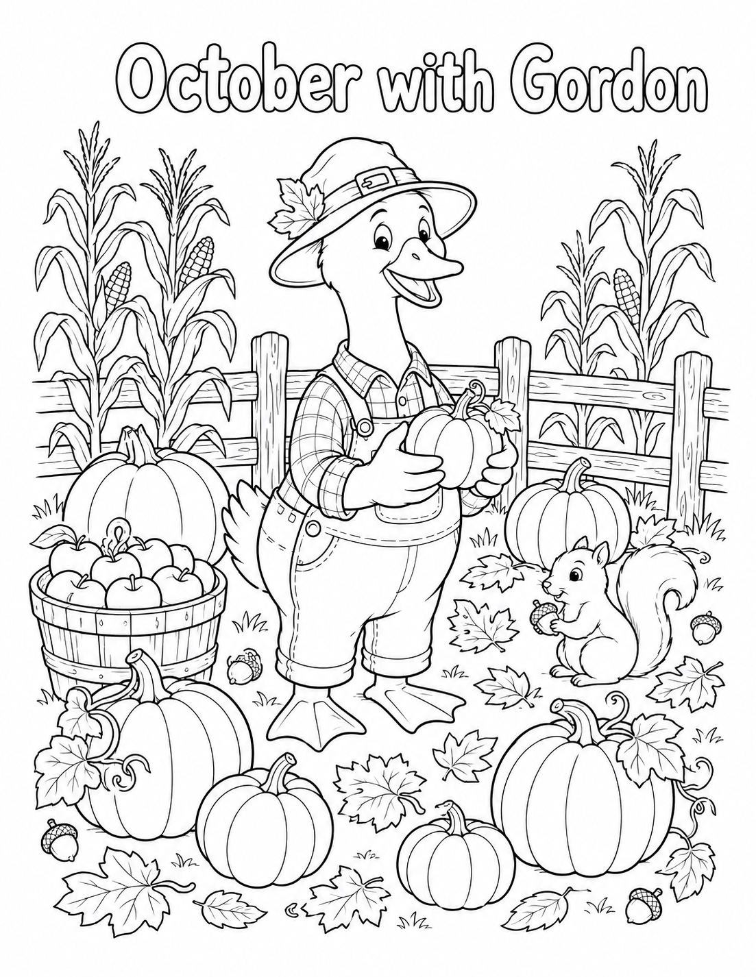 October Gordon coloring page with pumpkins, corn, autumn leaves and a squirrel in a harvest garden.