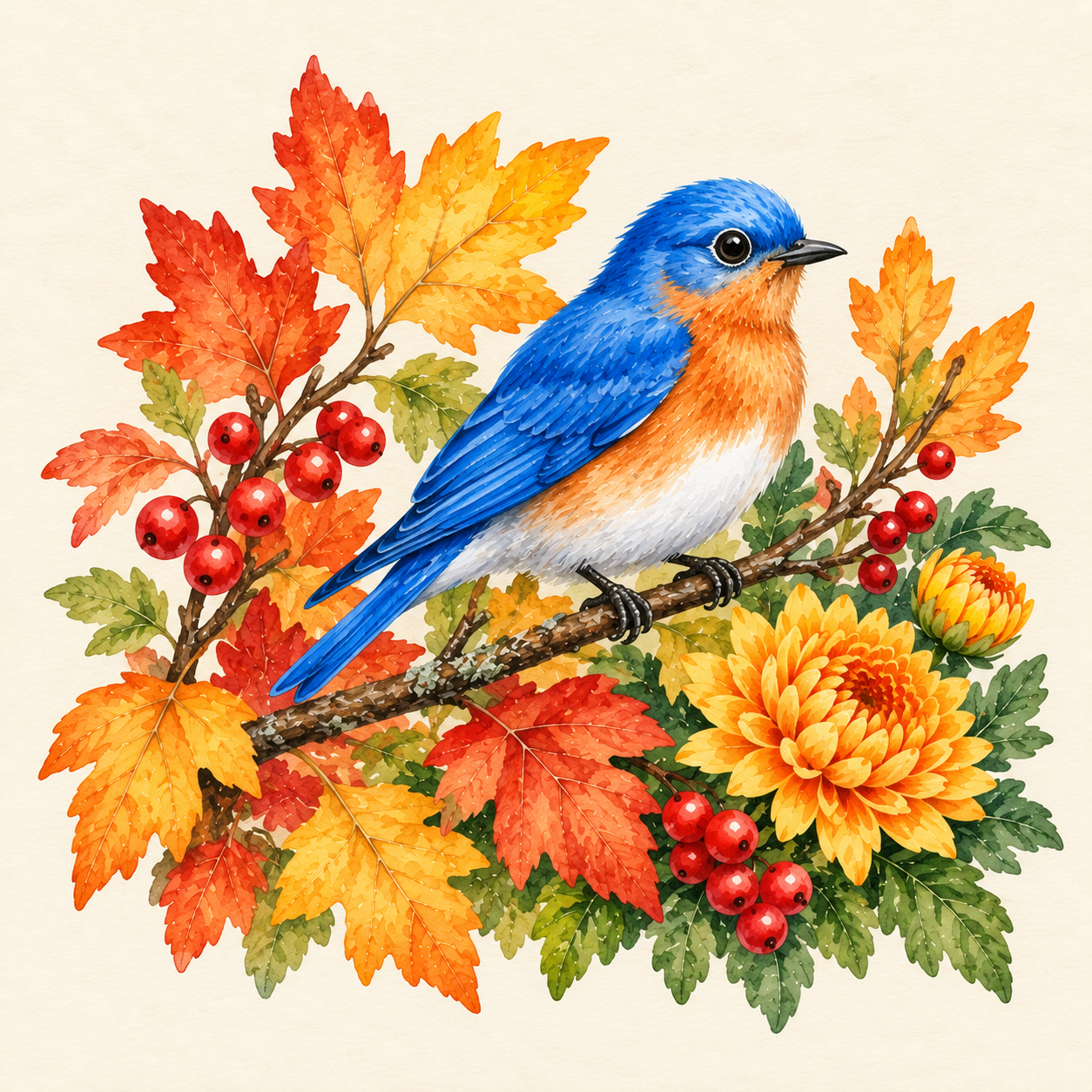 Watercolor bluebird perched among colorful autumn leaves and flowers.