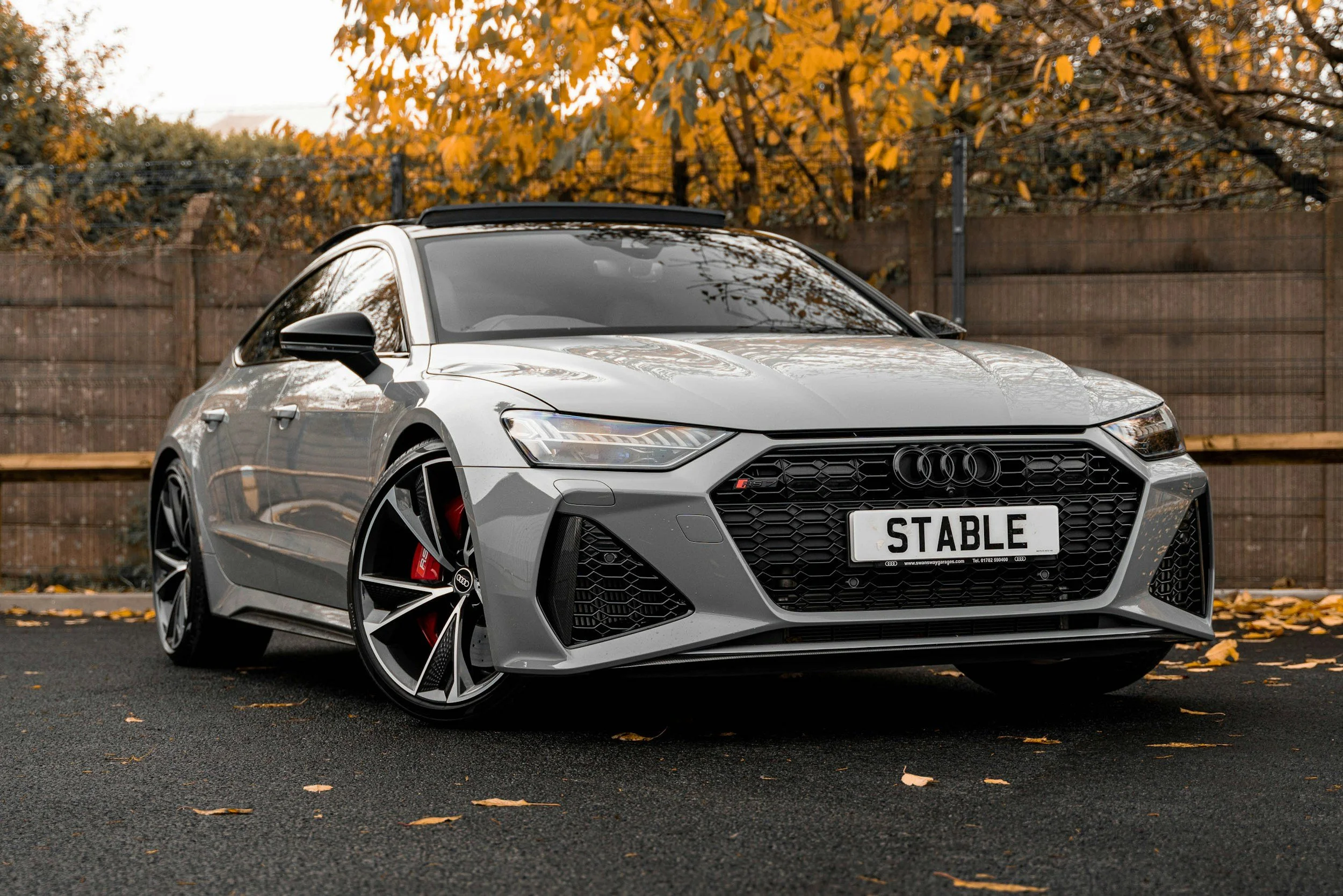 Gray Audi sports car with black and red accents parked on a street with fallen autumn leaves, a wooden fence, and trees with orange leaves in the background.
