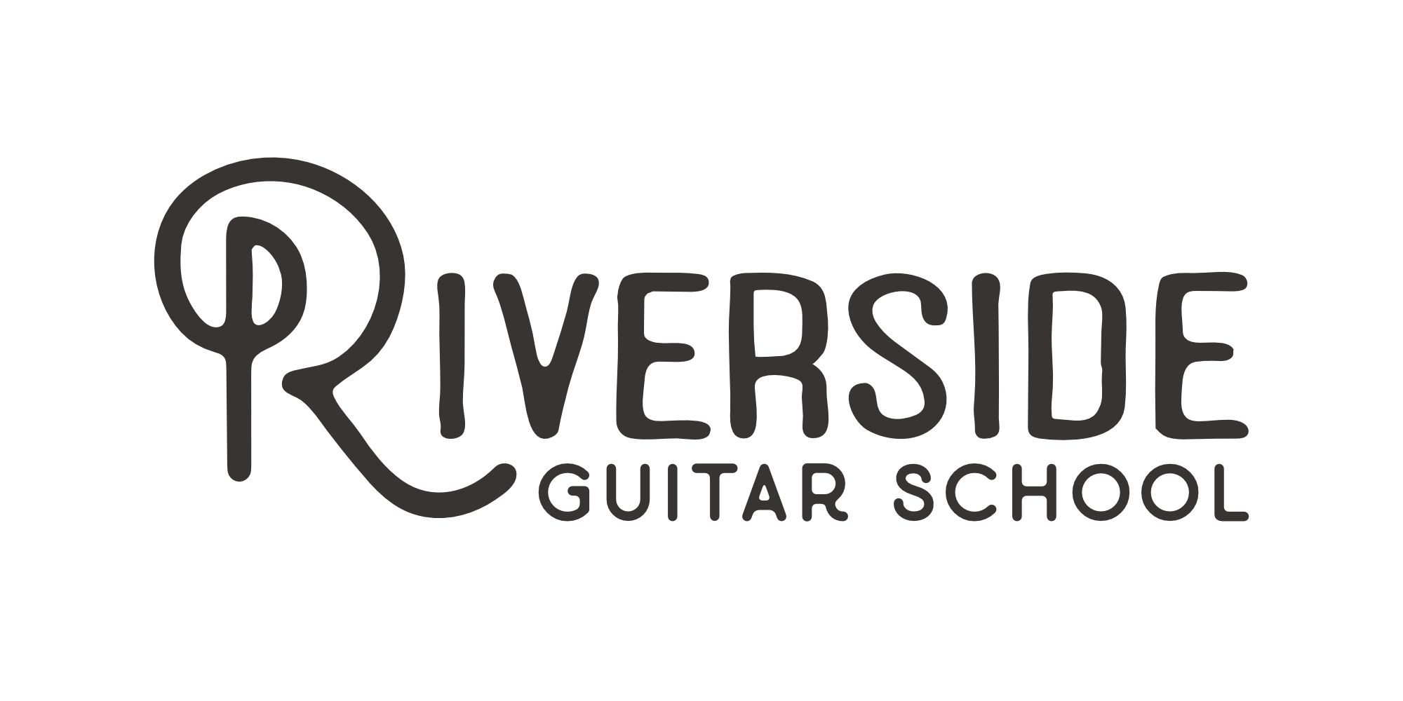 Logo of Riverside Guitar School featuring a stylized guitar head and the text 'Riverside Guitar School' in black.