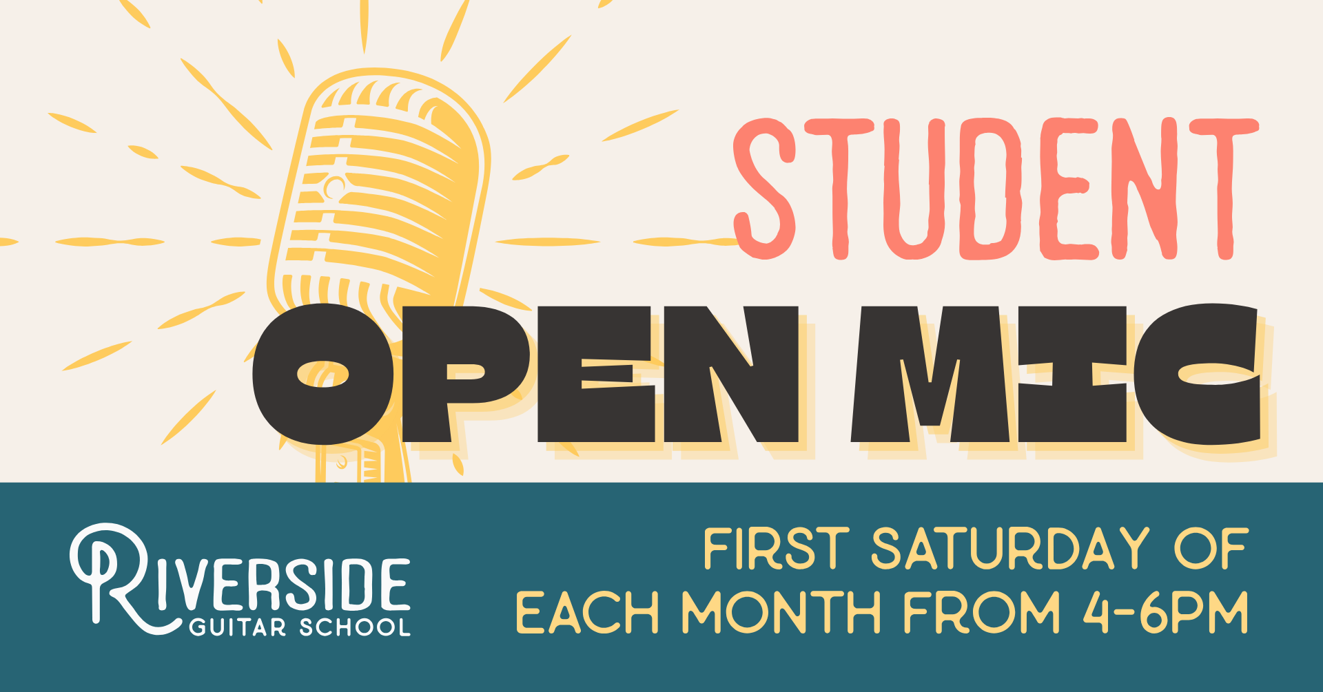Flyer for Guitar School Student Open Mic with a yellow guitar illustration and event details, scheduled for Saturday, November 7th from 4 to 6 PM.