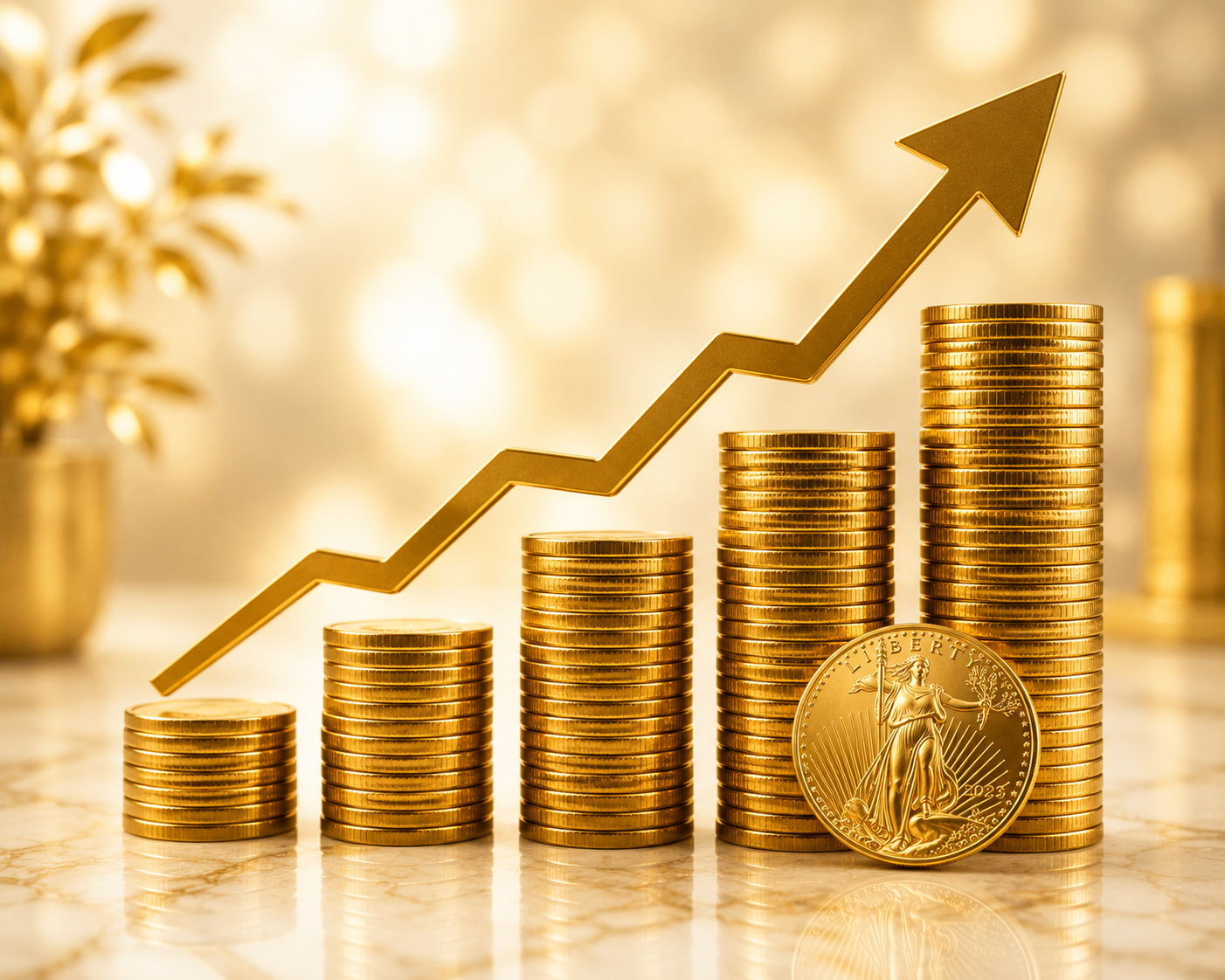 Stacks of gold coins increasing in height with a gold upward arrow, symbolizing financial growth or profit, with a coin in front showing Lady Liberty on it.