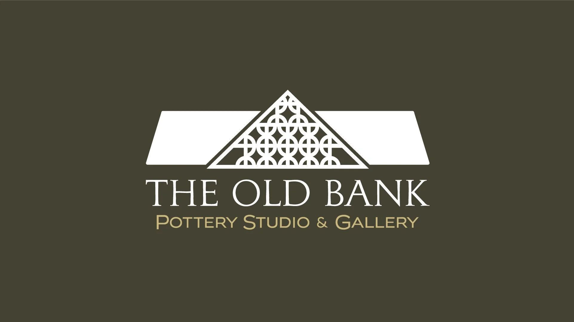 Logo for The Old Bank Pottery Studio & Gallery, featuring a stylized illustration of a bank building with decorative patterns, on a dark background.