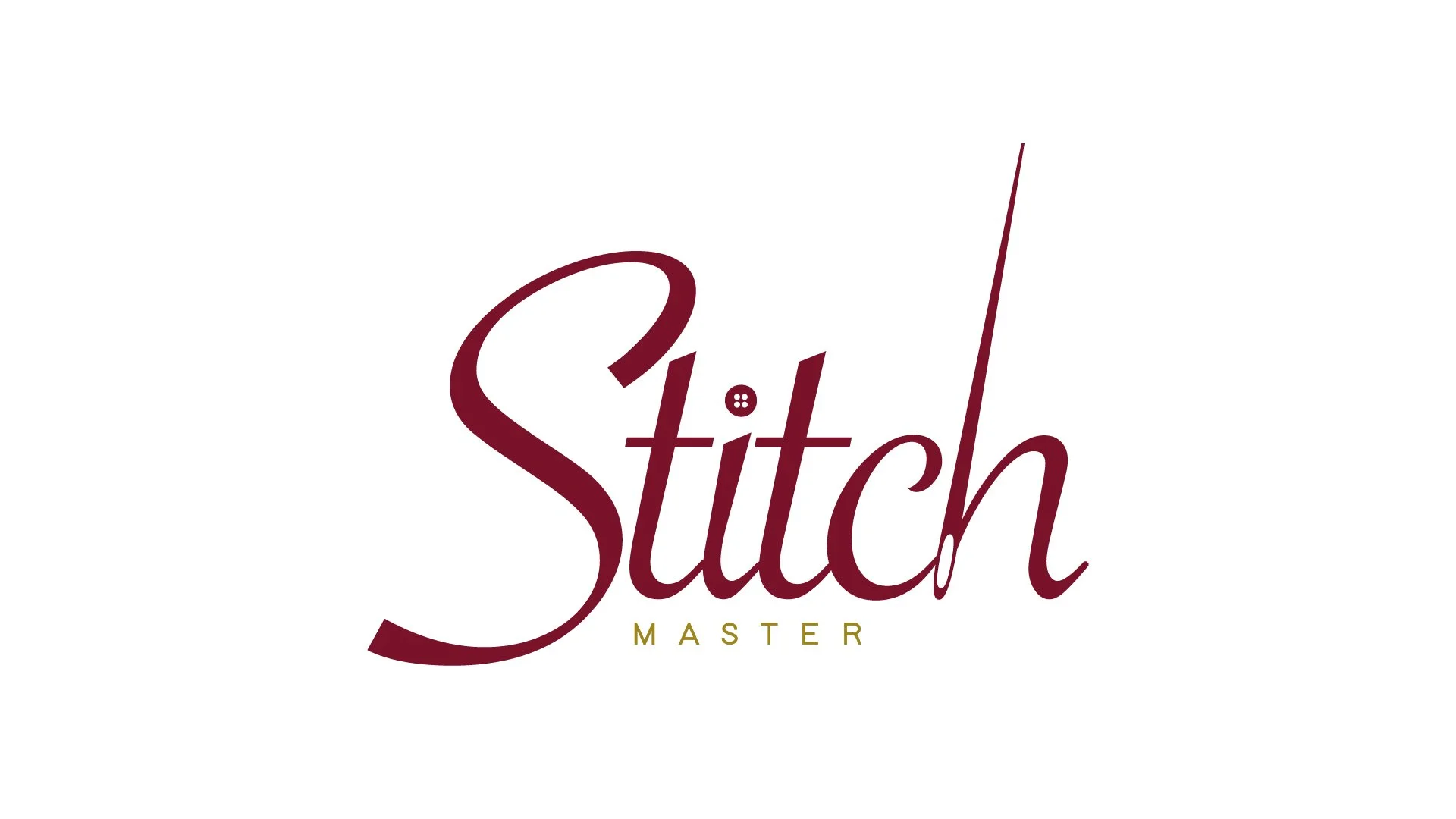 Close-up of the 'Stitch Master' logo with stylized maroon text on a white background.