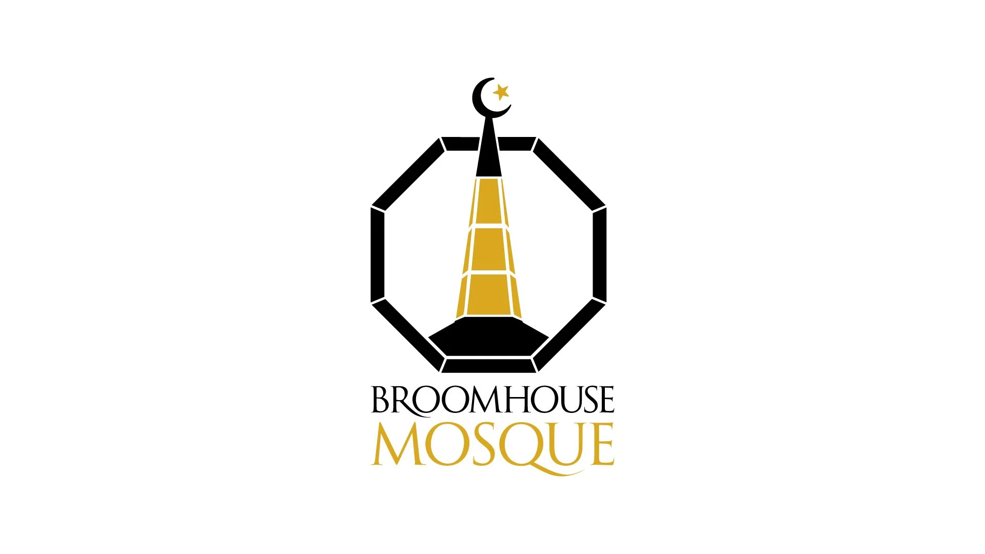 Logo of Broomhouse Mosque featuring a black and gold illustration of a mosque with a crescent moon and star on top, with the text 'Broomhouse Mosque' below.