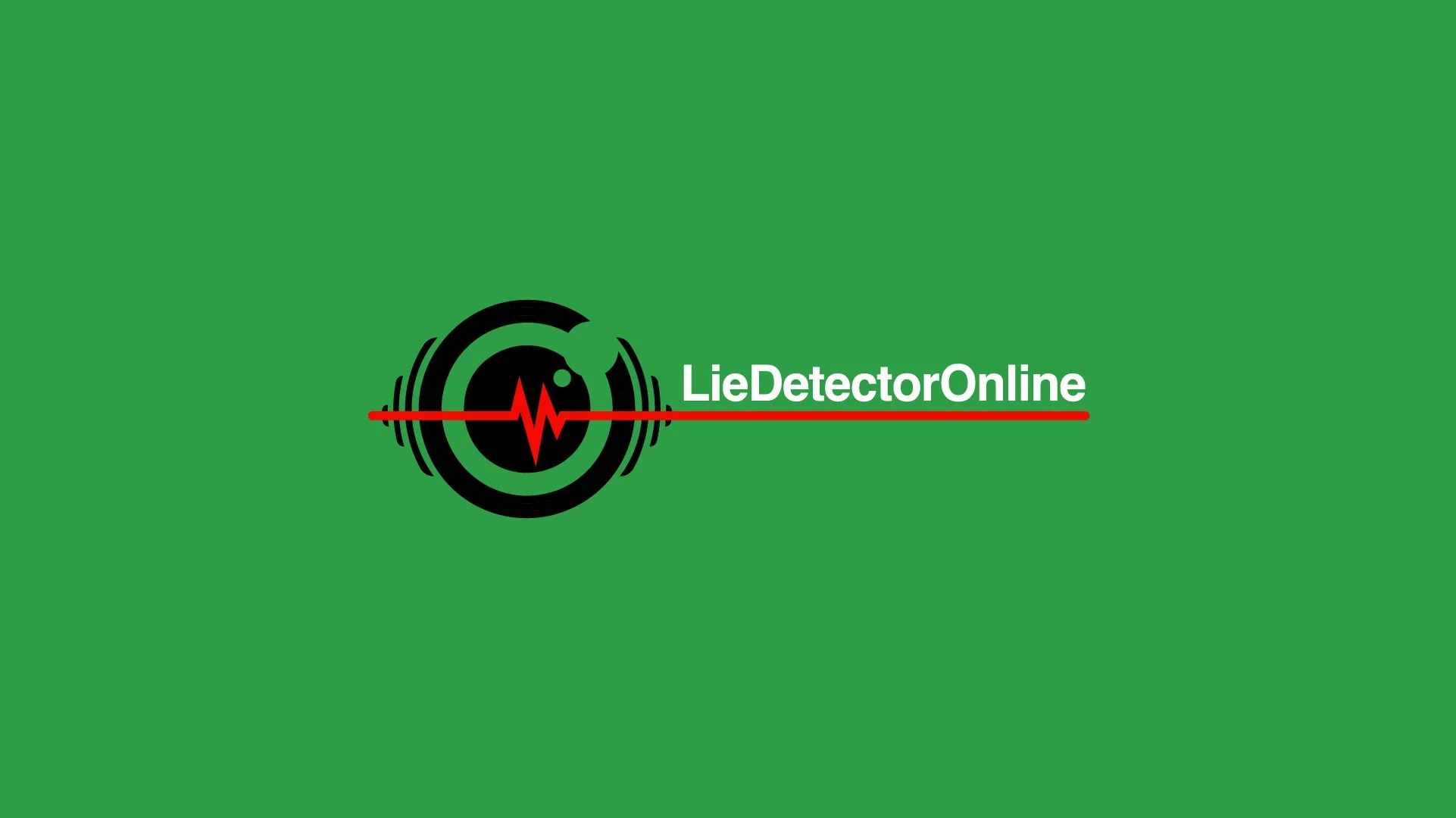 Green background with a logo featuring concentric circles, a red heartbeat line, and black sound waves, with the text 'LieDetectorOnline' in white.