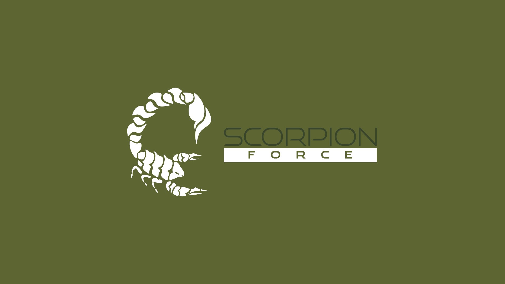 Green background with a white stylized scorpion logo on the left and the words "Scorpion Force" on the right, with "Force" inside a white bar.