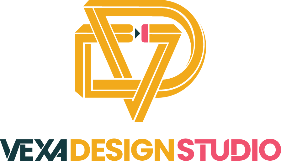 Logo for VEXA Design Studio featuring a stylized 3D letter V in gold, with the words ‘VEXA DESIGN STUDIO’ underneath in black, yellow, pink, and teal.