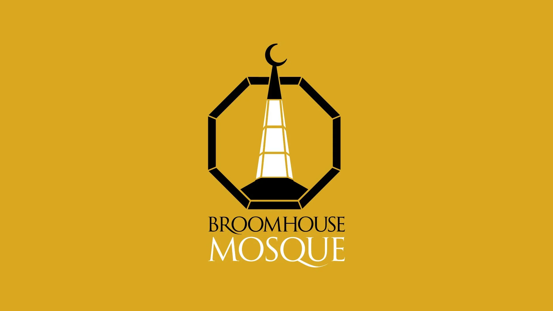 The image features a logo for Broomhouse Mosque, depicting a stylized black lantern with a crescent moon on top, set against a gold background. The text 'Broomhouse Mosque' is written below the lantern.