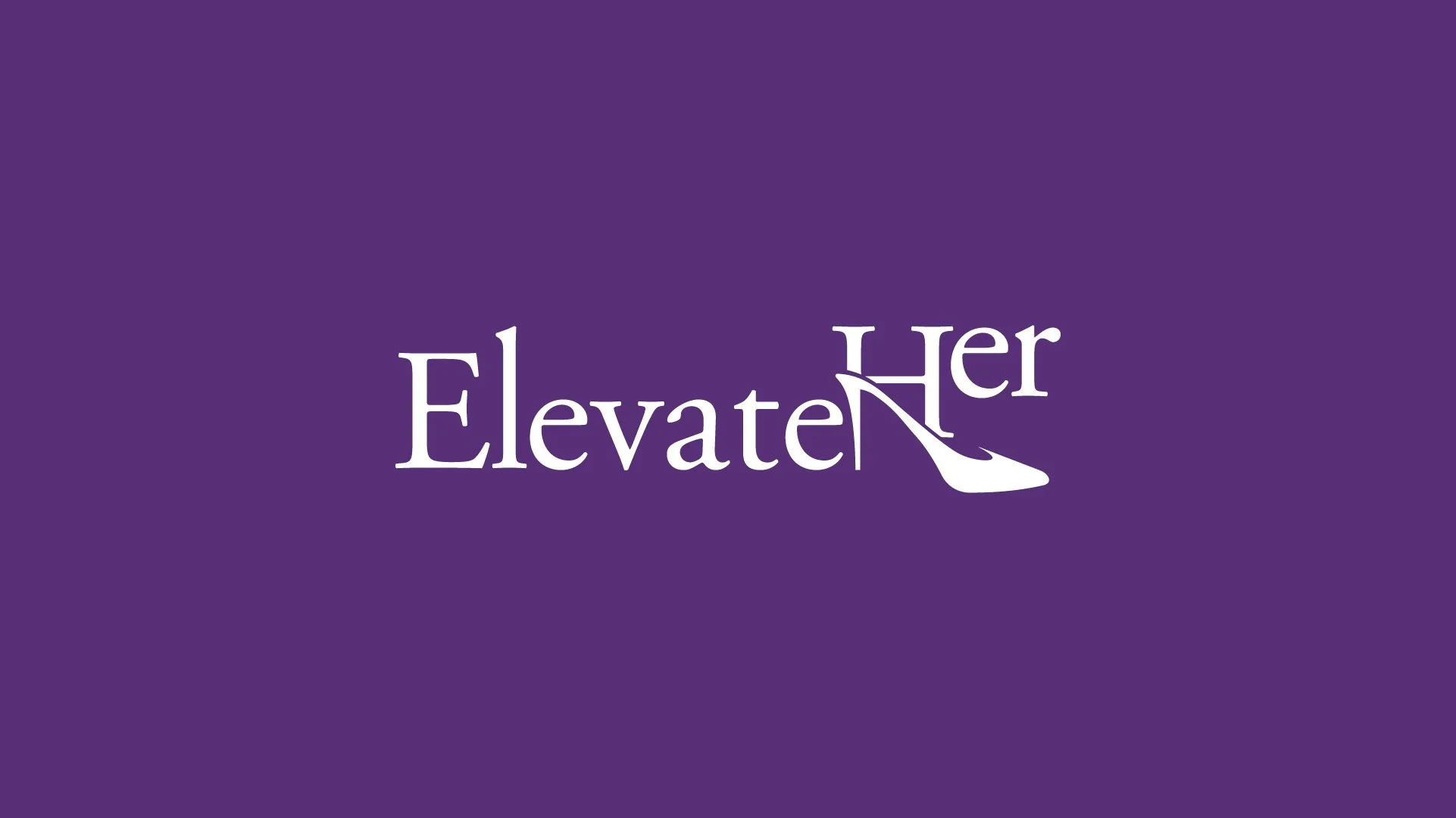 Logo with purple background that reads "Elevate Her" with the letter 'V' stylized as a high heel shoe.