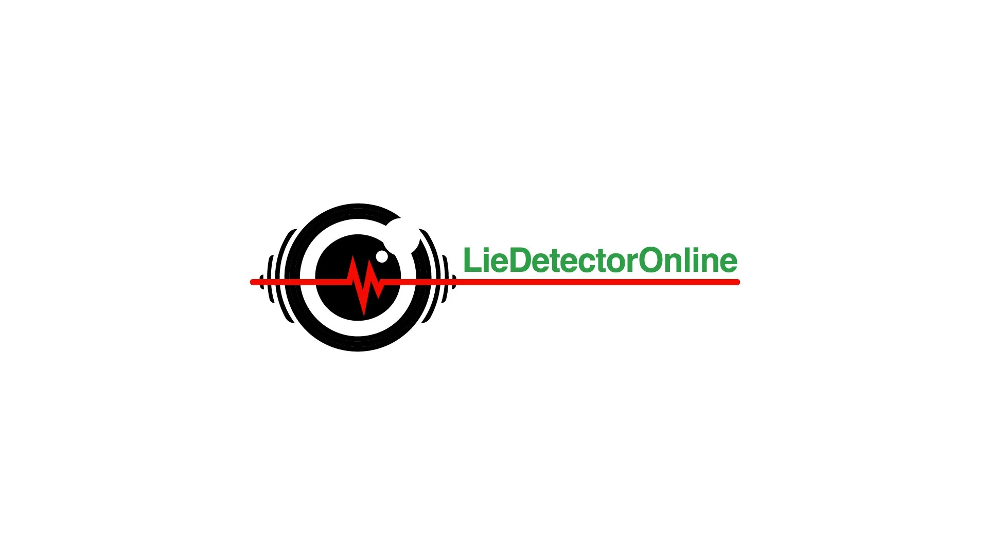 Logo of LieDetectorOnline featuring a black circle with sound wave lines, a red heartbeat line, and green text.