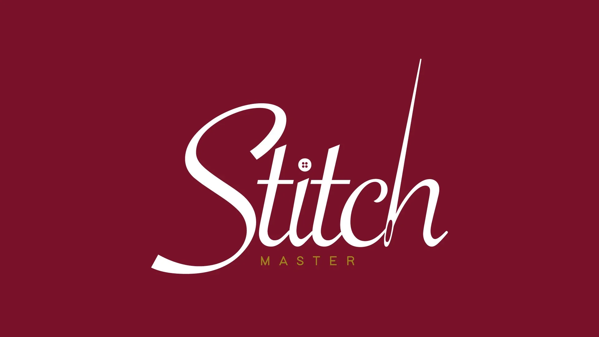 A logo for Stitch Master with a maroon background and the word 'Stitch' in large white cursive font, with the word 'Master' in smaller yellow capital letters below.