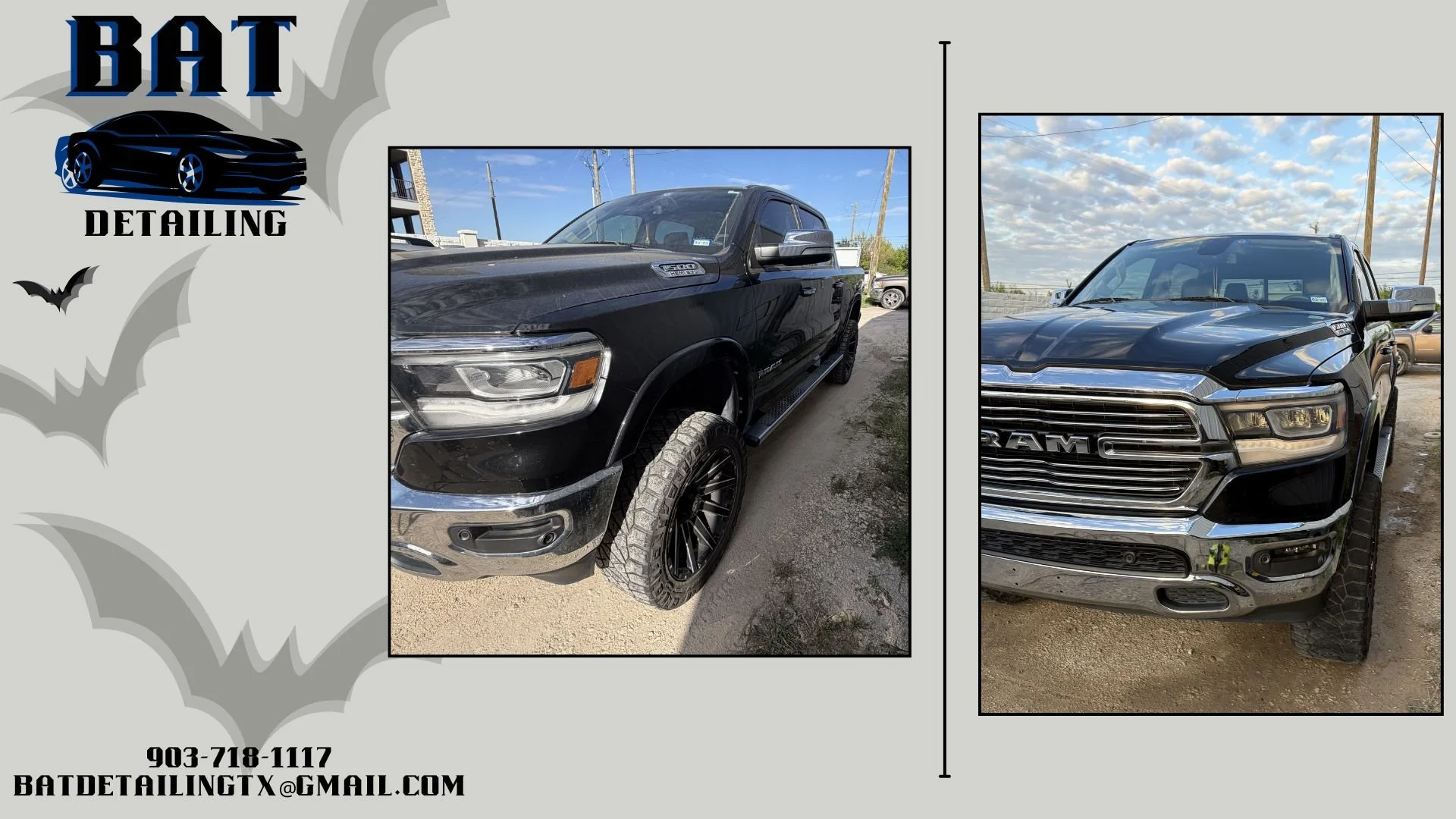 Two black trucks parked outdoors, with the left one being a Dodge Ram and the right one a RAM truck. The background shows a partly cloudy sky and utility poles. The image is part of a promotional flyer for a detailing service, featuring contact infor