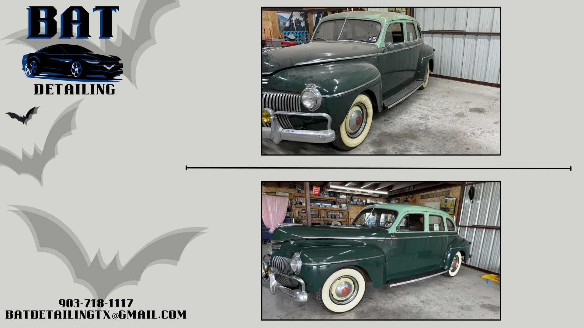 A vintage green car in a garage, shown from different angles, with the logo and contact information of Bat Detailing on the left side of the image.