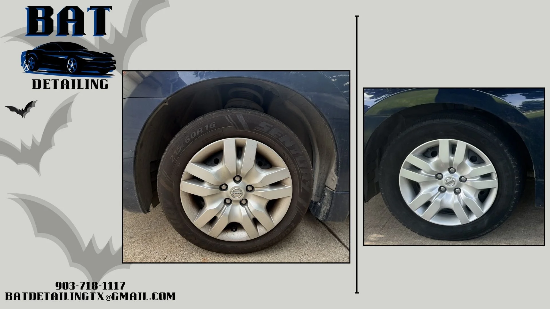 Side-by-side comparison of two car wheels, one with a Nissan hubcap and the other with a Mazda hubcap, used for car detailing advertisement.