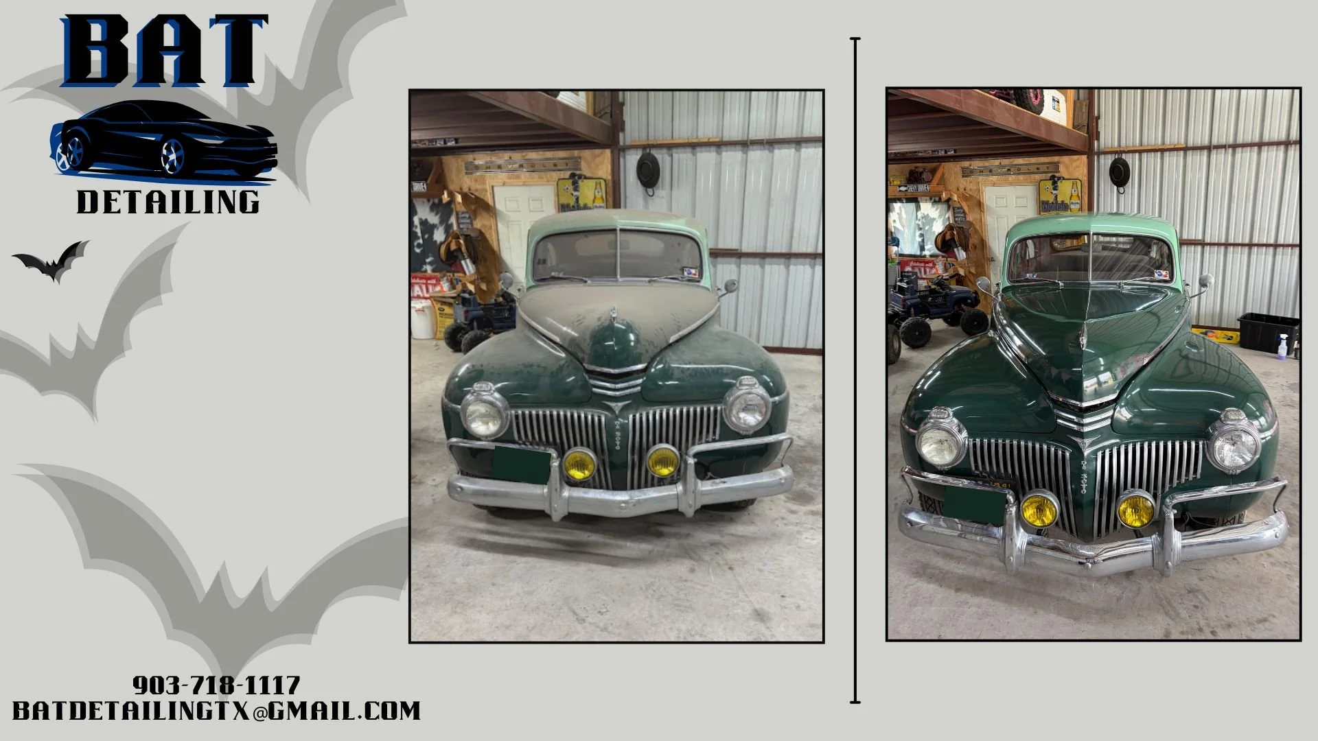 Comparison of two vintage cars before and after detailing, inside a garage with tools and shelves in the background.