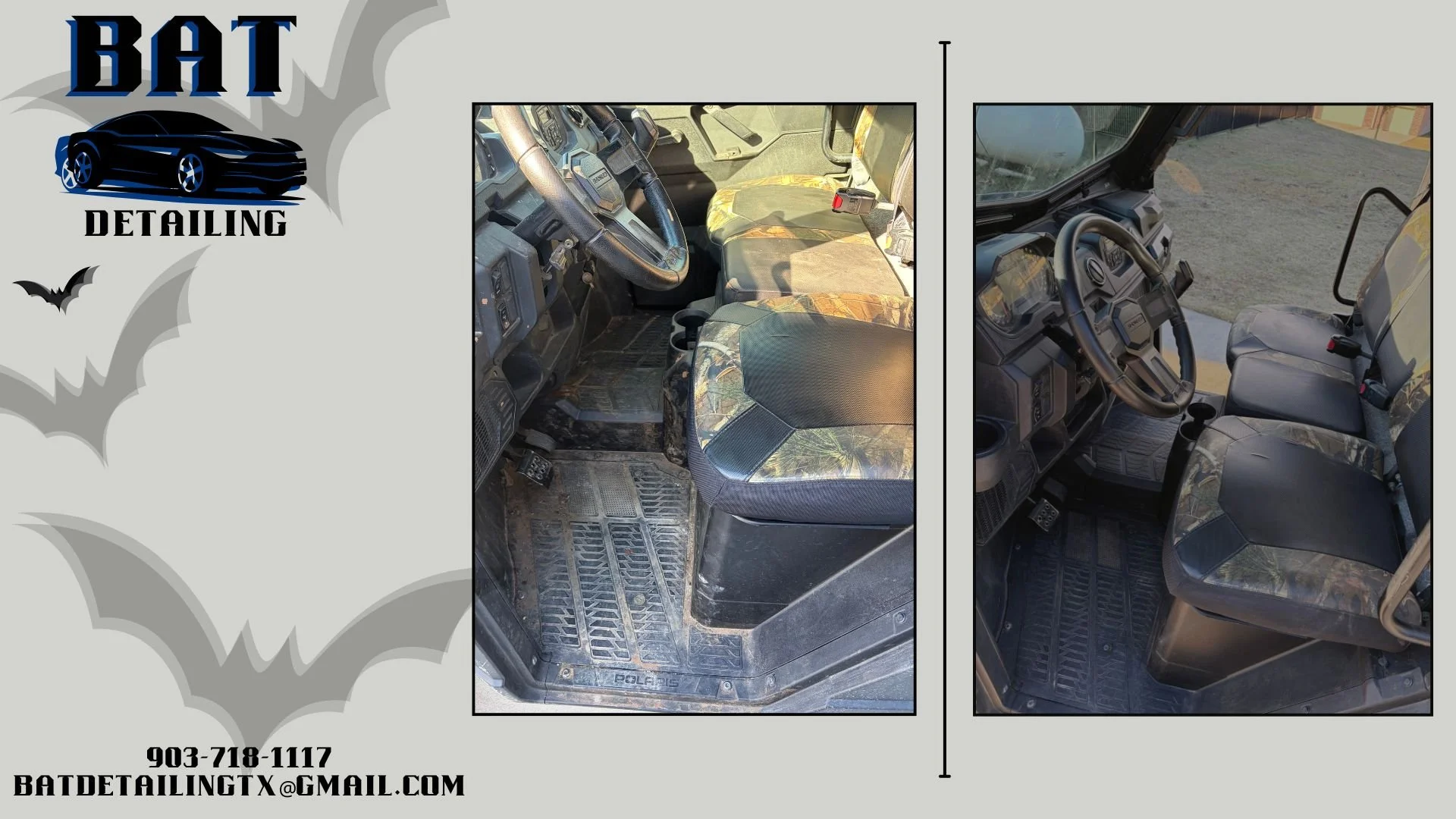 Comparison of a stained and cleaned interior of a Polaris vehicle's cabin, showing seats, steering wheel, and floor mats.
