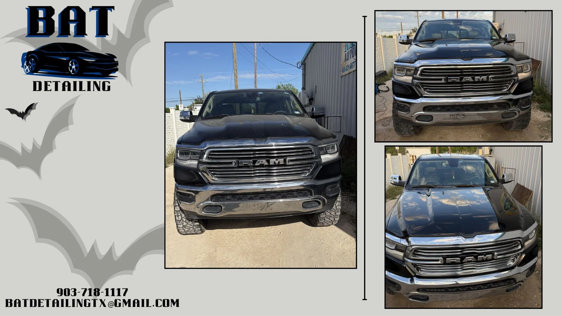 A collage of four photos showcasing a black RAM pickup truck with chrome detailing, front view, side view, and top view, against a background of a dealership and outdoor setting, with contact information for Bat Detailing.
