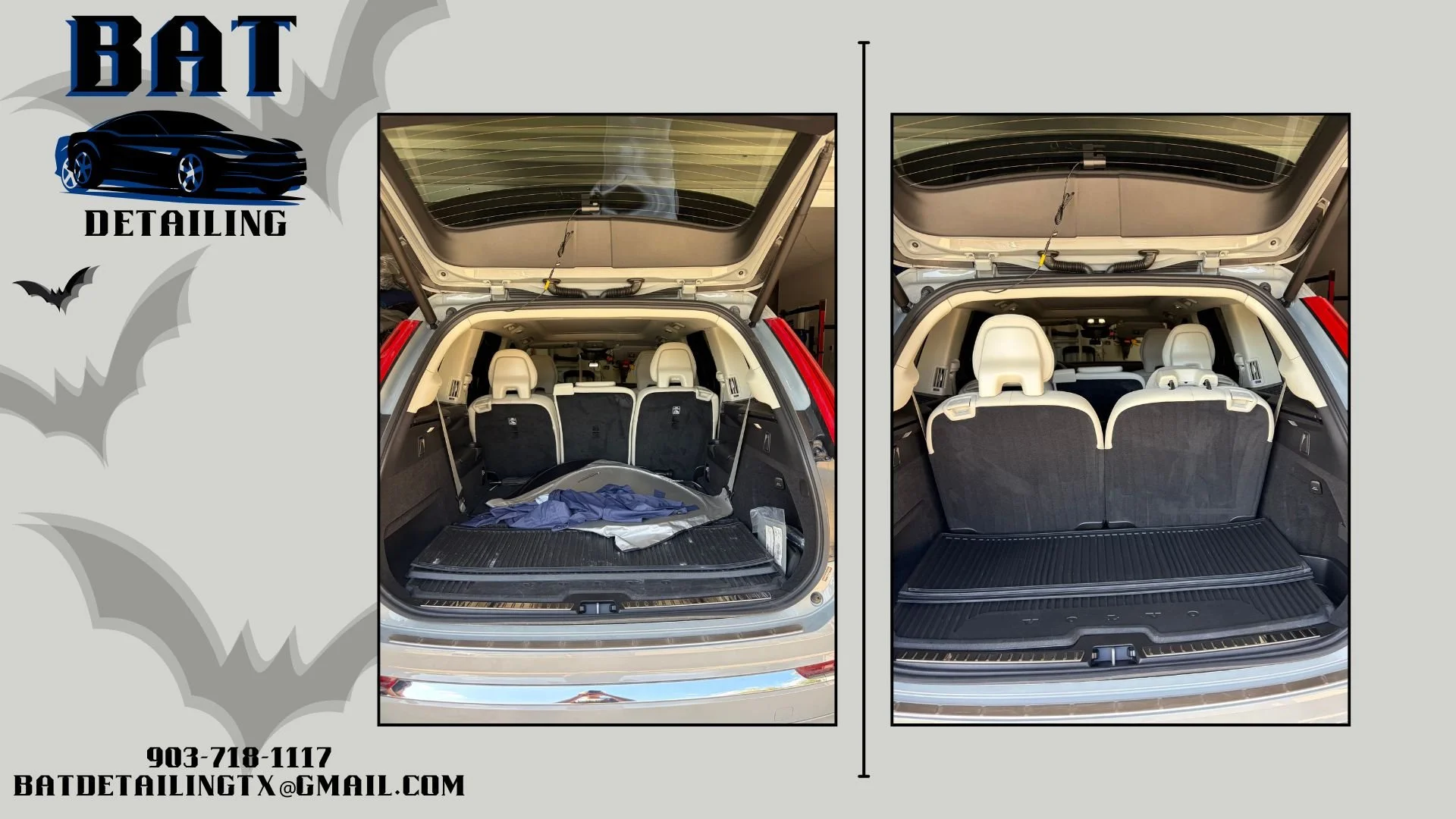 Comparison of the trunk space of a vehicle before and after cleaning, with the trunk open in both images, showing more clutter and items in the before image and a cleaner, empty space in the after image.