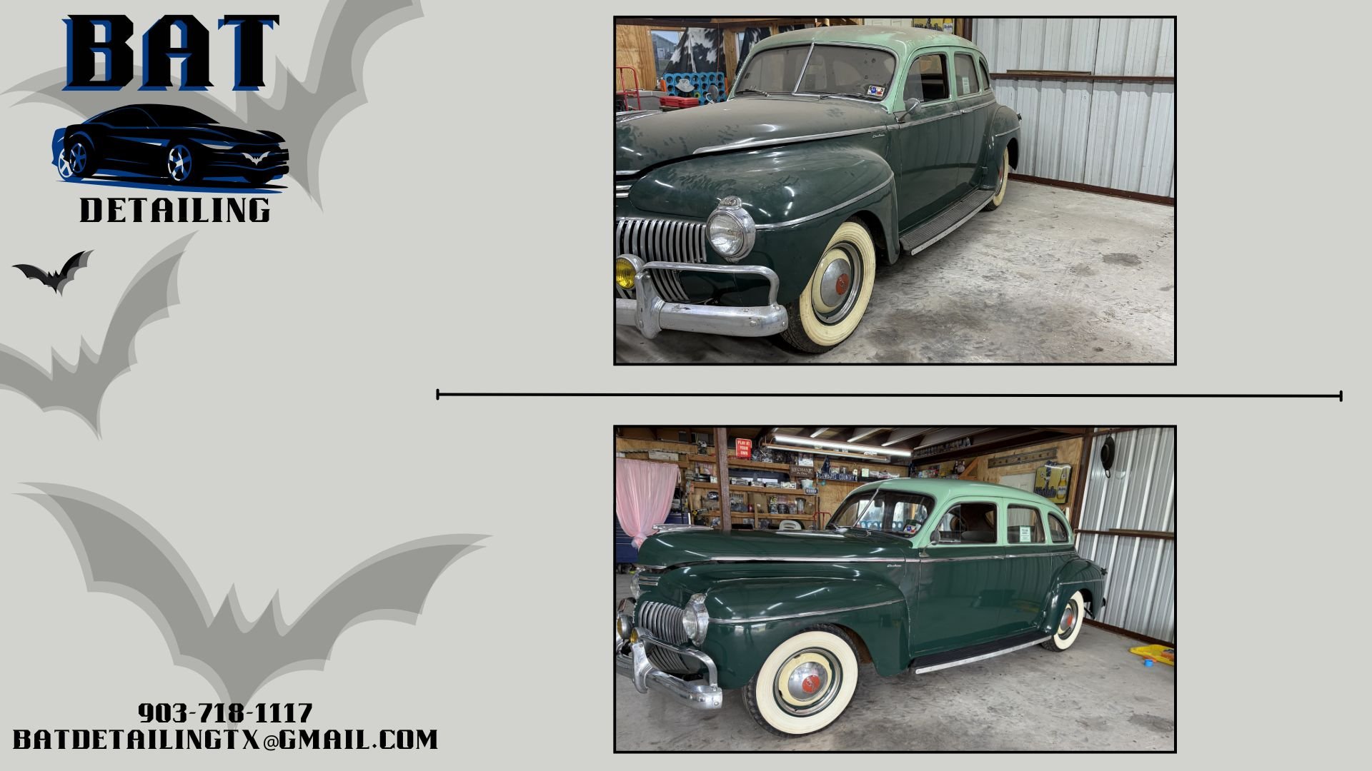 Collage of two photos of a vintage green car inside a garage or workshop, with Bats Detailing logo and contact information on a gray background decorated with bat graphics.