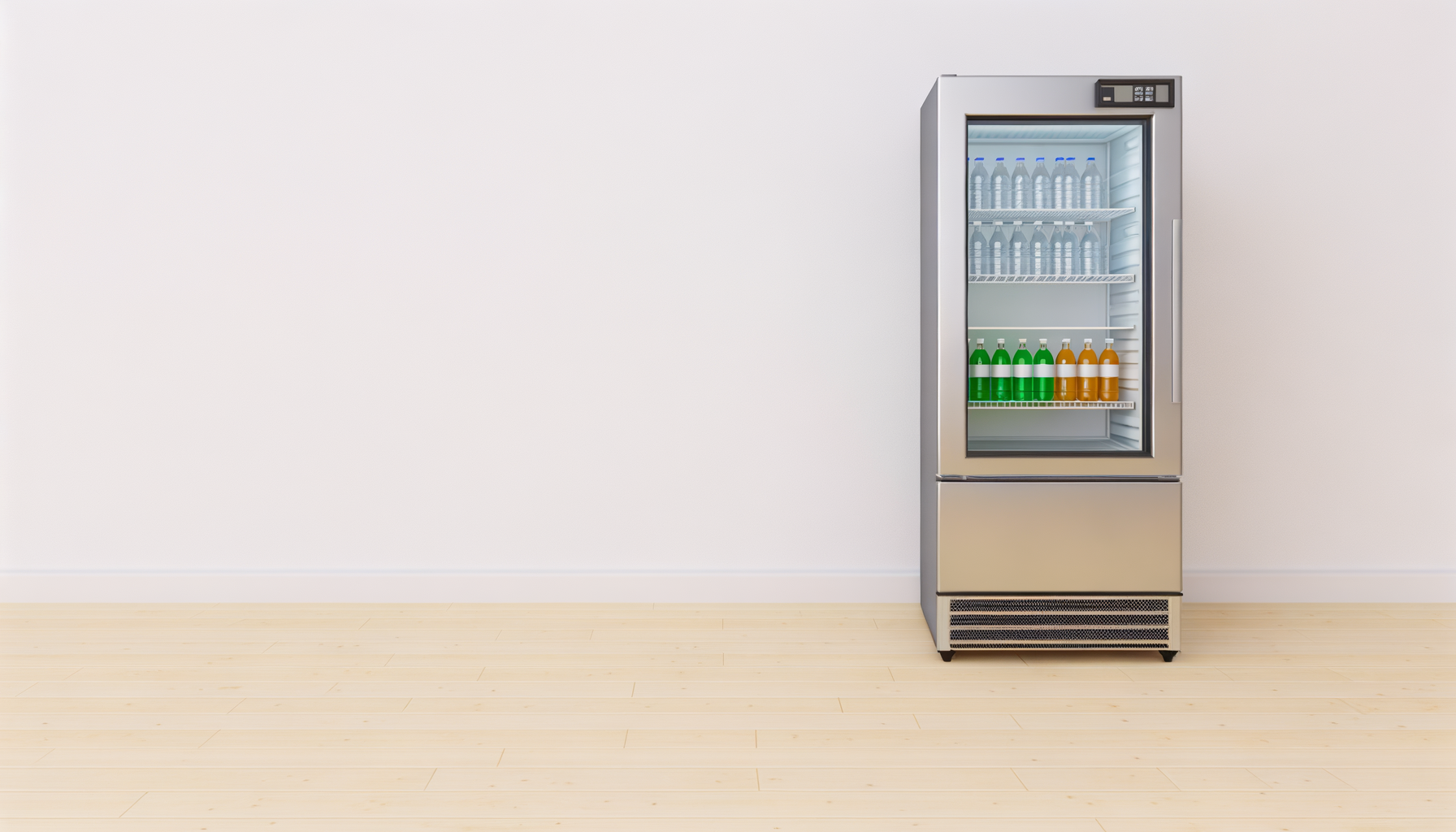 A commercial refrigerator with a glass door, stocked with bottled water and soft drinks, standing on a wooden floor against a plain white wall.