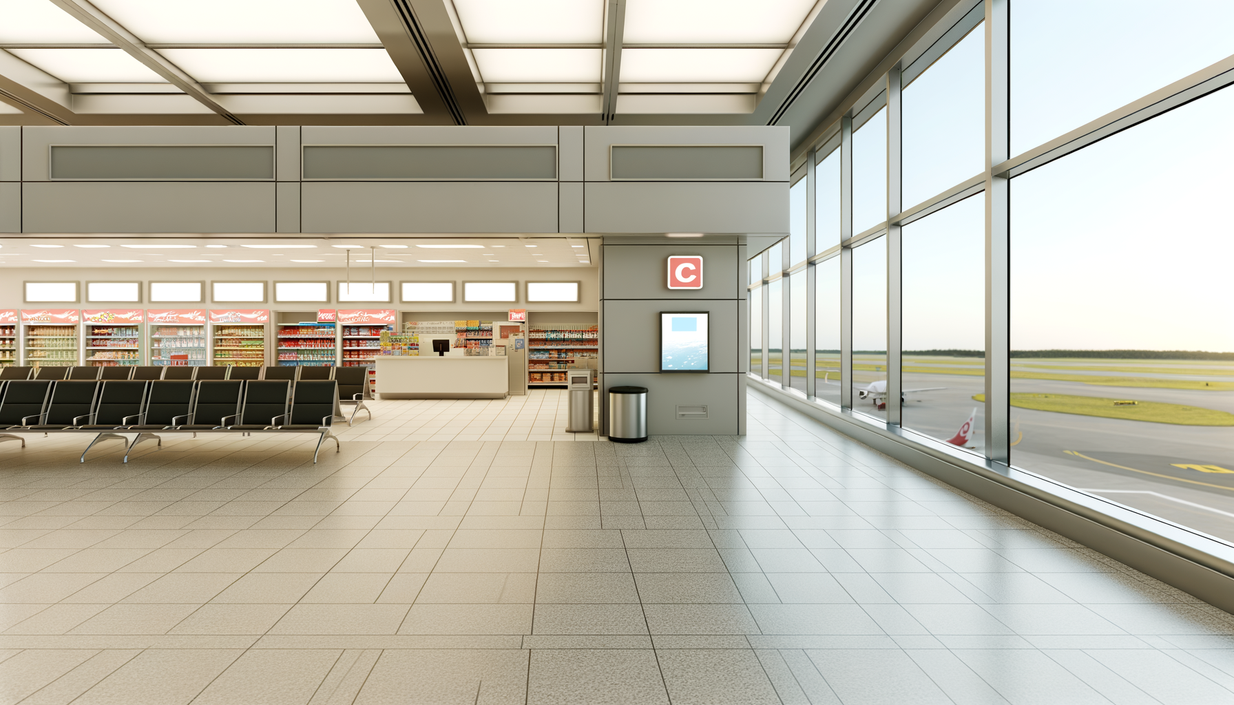 Empty airport terminal with large glass windows, rows of black chairs, a snack and beverage shop, and an airplane visible outside on the runway.