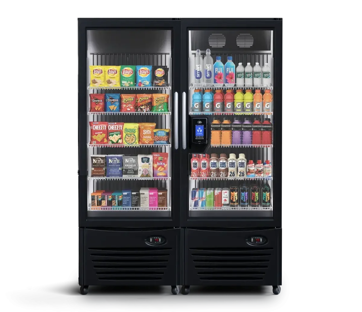 A vending machine stocked with snacks on the left side and beverages on the right side, featuring chips, cookies, candy, bottled water, sports drinks, and energy drinks.