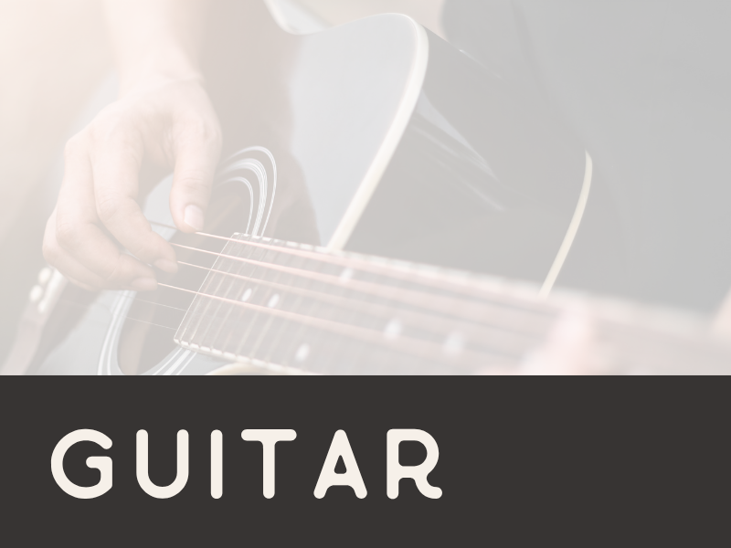 Close-up of a person playing an acoustic guitar, with the word "GUITAR" written in bold at the bottom.